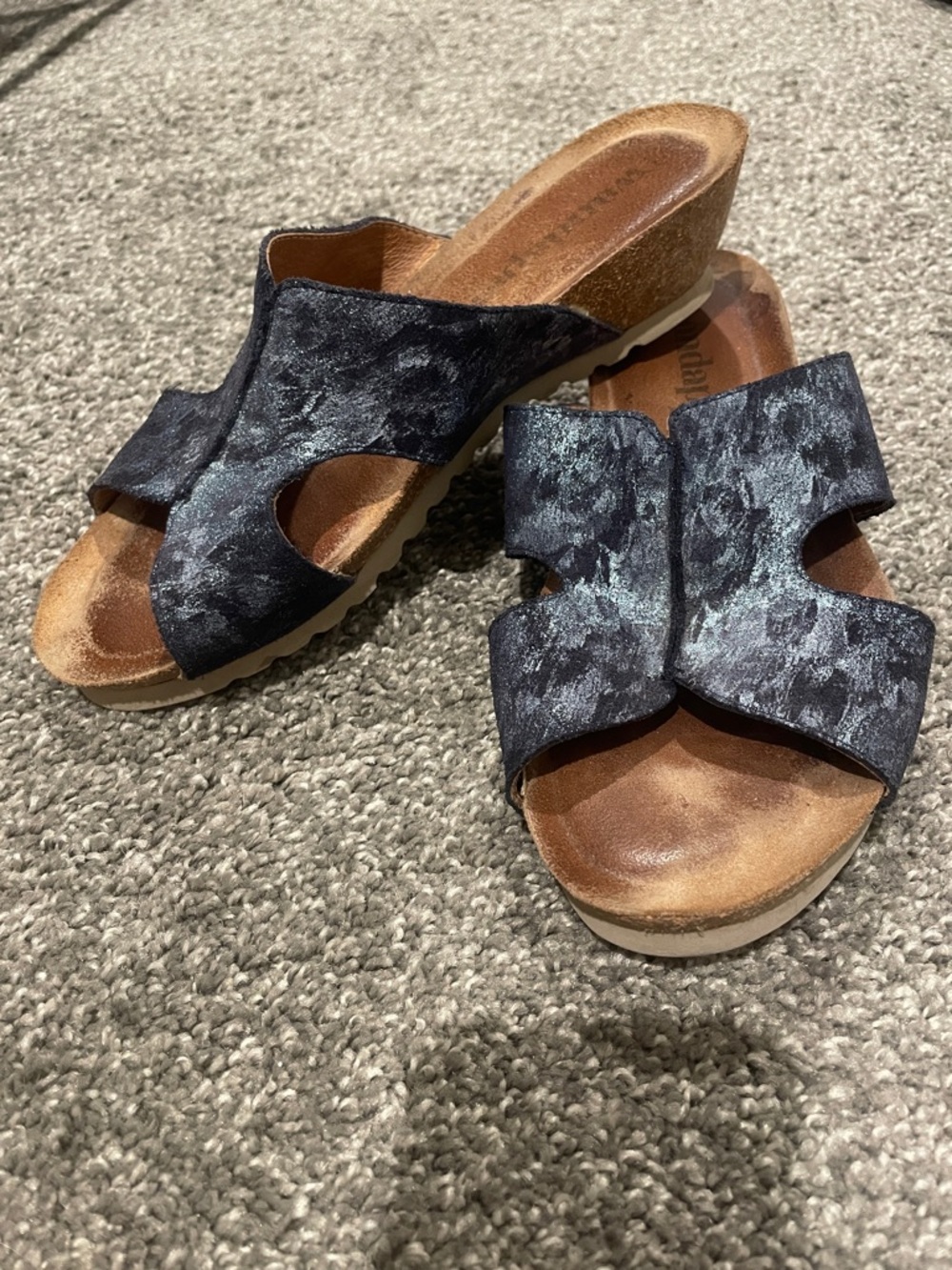 Wandapanda Black and Silver Textured Cork and Leather Wedge Slide Mules